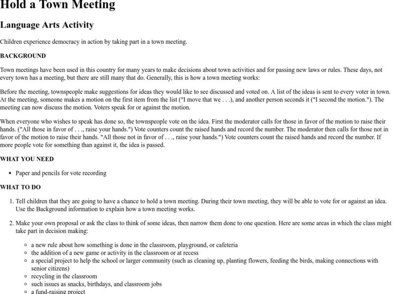 Houghton Mifflin: Eduplace: Eduplace: Holds a Town Meeting Lesson Plan Houghton Mifflin: Eduplace: Eduplace: Holds a Town Meeting Lesson Plan