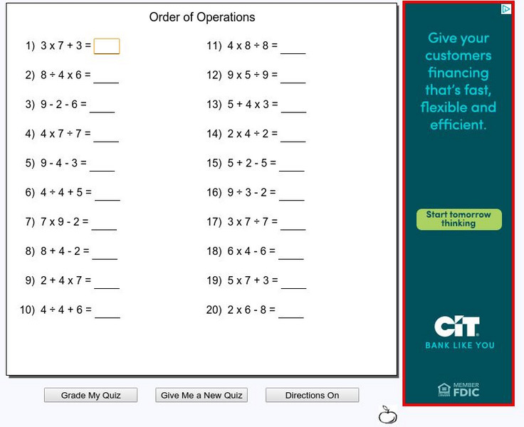 Mr. Martini's Classroom: Order of Operations Quiz Unknown Type Mr. Martini's Classroom: Order of Operations Quiz Unknown Type