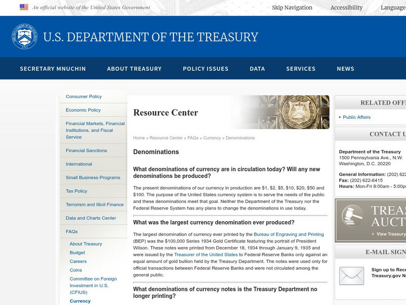 U.s. Dept. Of Treasury: Denominations of Currency Article