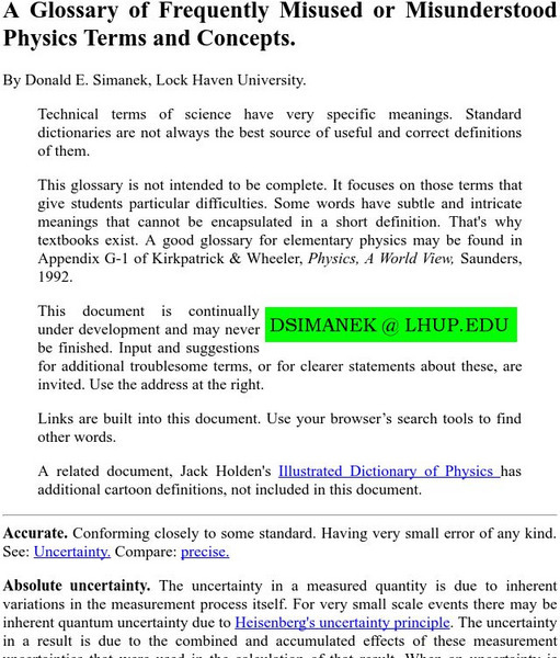 Lock Haven: Glossary of Frequently Misused or Misunderstood Physics Terms Handout Lock Haven: Glossary of Frequently Misused or Misunderstood Physics Terms Handout