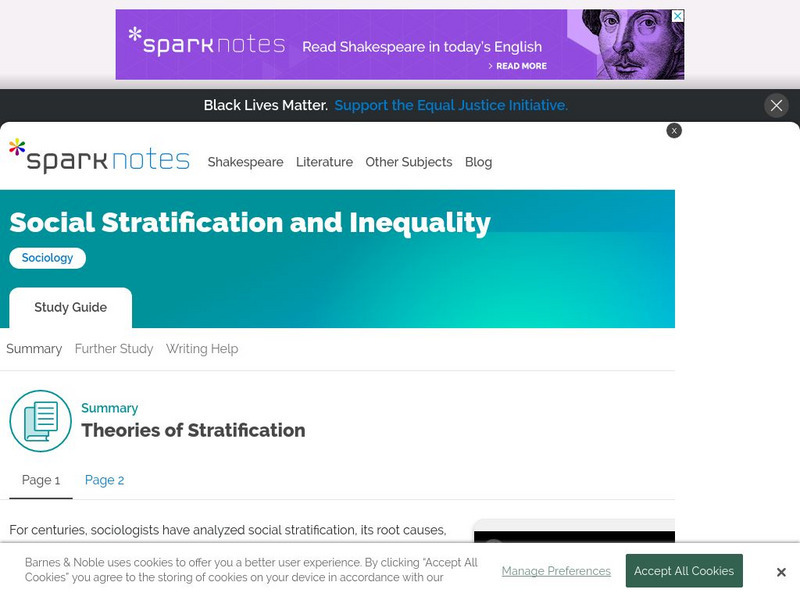 Spark Notes: Social Stratification and Inequality: Theories of Stratification Handout