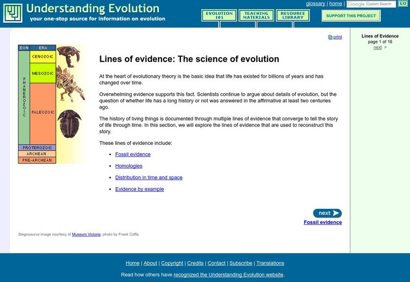 Understanding Evolution: Lines of Evidence: The Science of Evolution Website Understanding Evolution: Lines of Evidence: The Science of Evolution Website