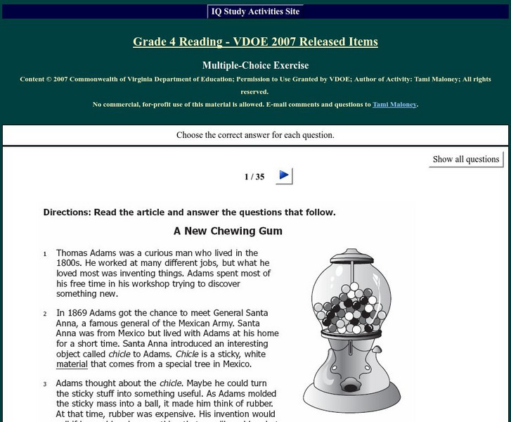 Iq Study Activities: Grade 4 Reading 2007 Vdoe Released Items Study Guide Iq Study Activities: Grade 4 Reading 2007 Vdoe Released Items Study Guide