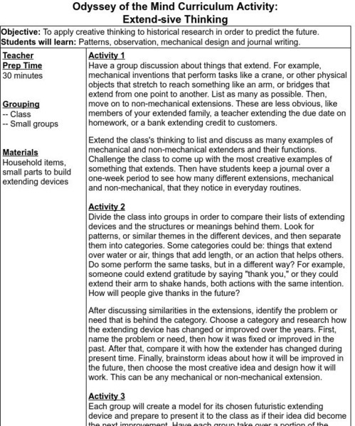 Odyssey of the Mind Curriculum Activity: Extend Sive Thinking Lesson Plan Odyssey of the Mind Curriculum Activity: Extend Sive Thinking Lesson Plan
