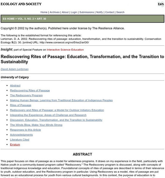 Rediscovering Rites of Passage: Education, Transformation, and the Transition To Handout