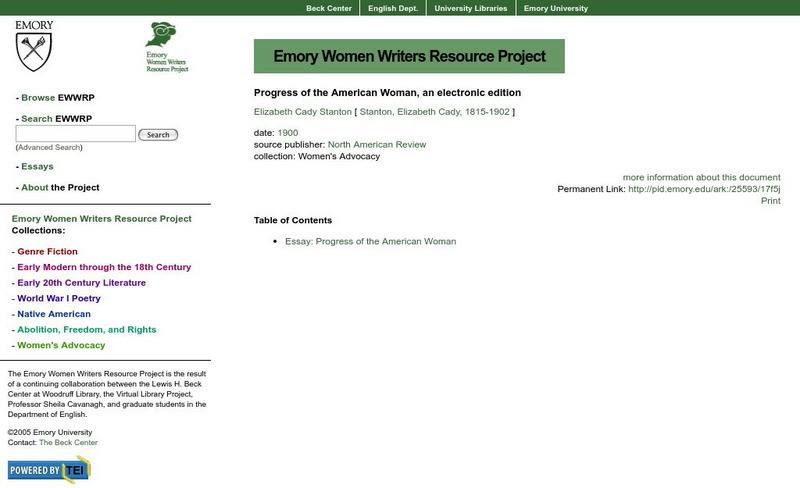 Emory: Elizabeth Cady Stanton: Progress of the American Woman Primary