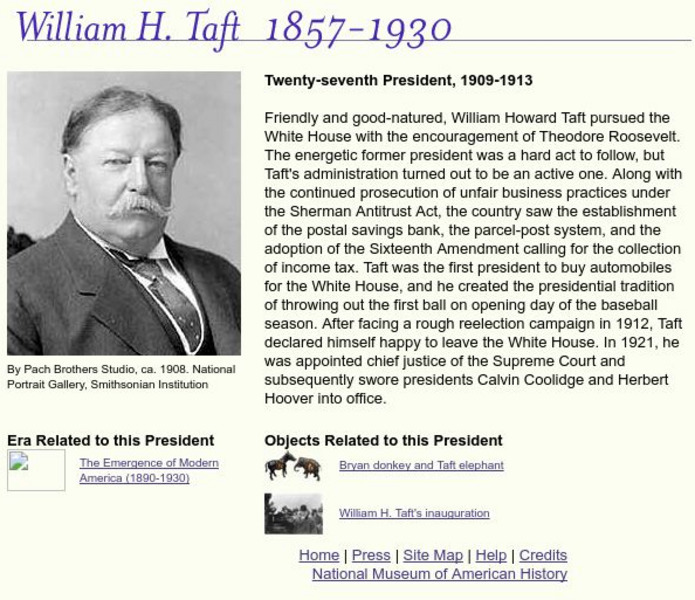 National Museum of American History: American Presidency: William H. Taft Handout National Museum of American History: American Presidency: William H. Taft Handout