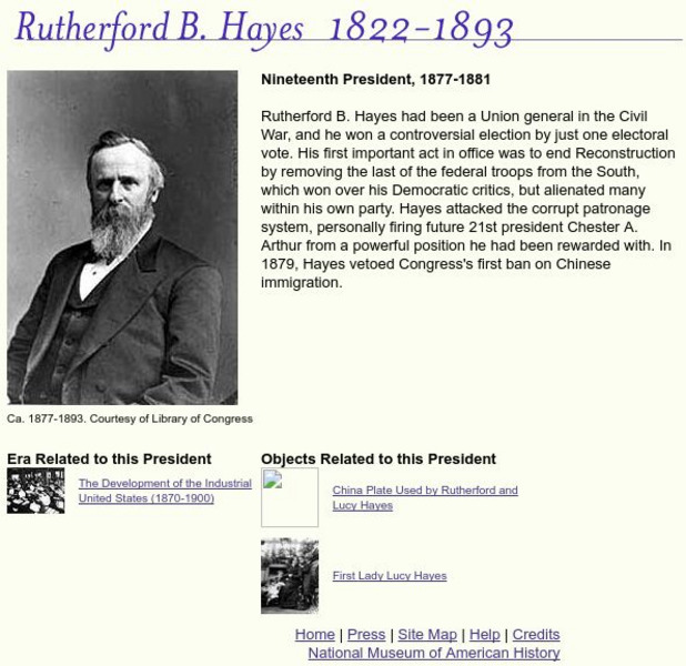 National Museum of American History: American Presidency: Rutherford B. Hayes Handout National Museum of American History: American Presidency: Rutherford B. Hayes Handout
