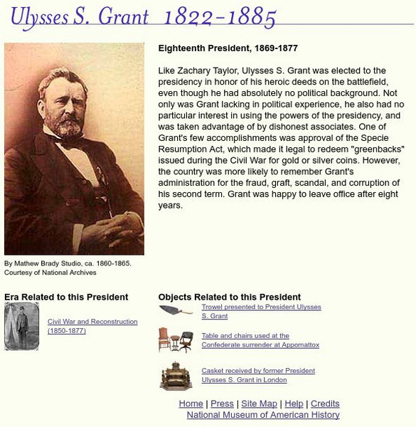 National Museum of American History: American Presidency: Ulysses S. Grant Handout National Museum of American History: American Presidency: Ulysses S. Grant Handout
