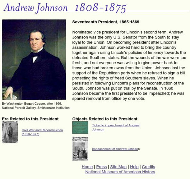 National Museum of American History: American Presidency: Andrew Johnson Handout