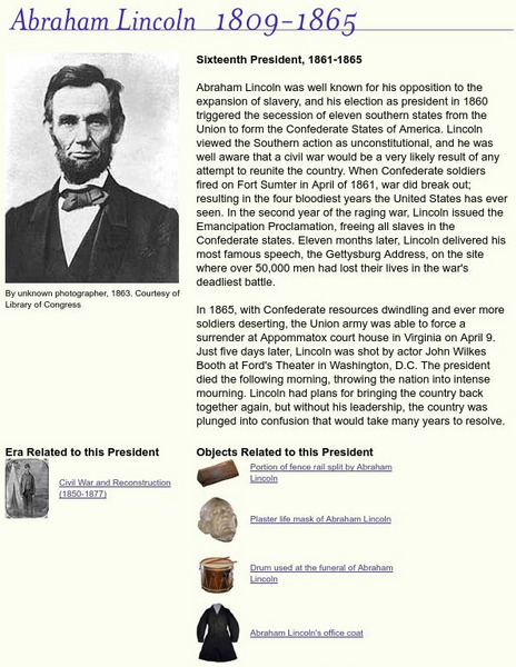 National Museum of American History: American Presidency: Abraham Lincoln Handout National Museum of American History: American Presidency: Abraham Lincoln Handout