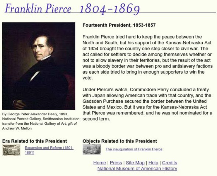 National Museum of American History: American Presidency: Franklin Pierce Handout