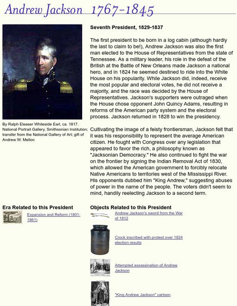 National Museum of American History: American Presidency: Andrew Jackson Handout