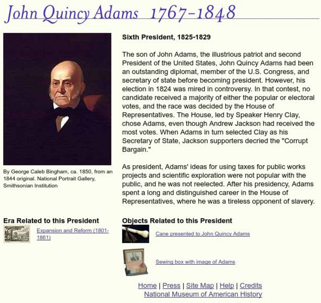 National Museum of American History: American Presidency: John Quincy Adams Handout