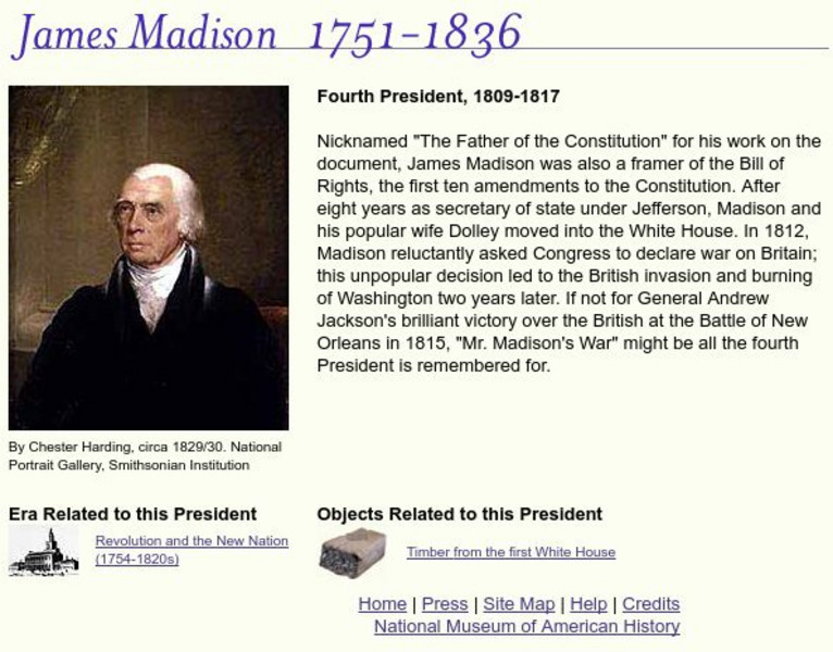 National Museum of American History: American Presidency: James Madison Handout