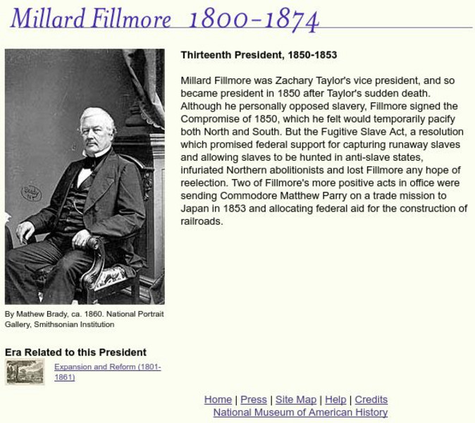 National Museum of American History: American Presidency: Millard Fillmore Handout