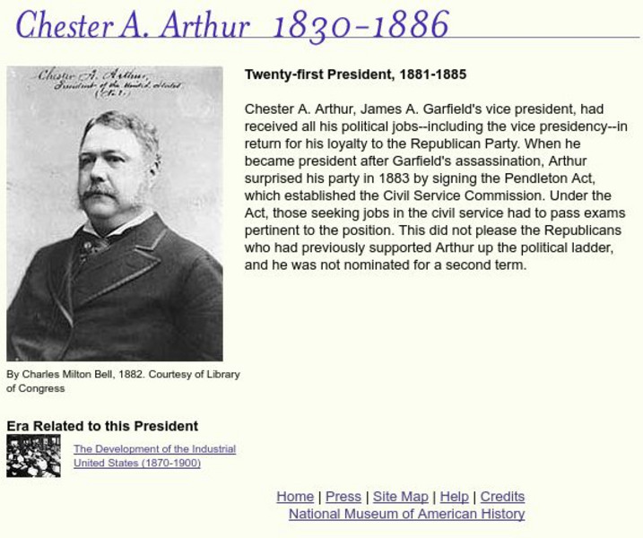 National Museum of American History: American Presidency: Chester A. Arthur Handout National Museum of American History: American Presidency: Chester A. Arthur Handout