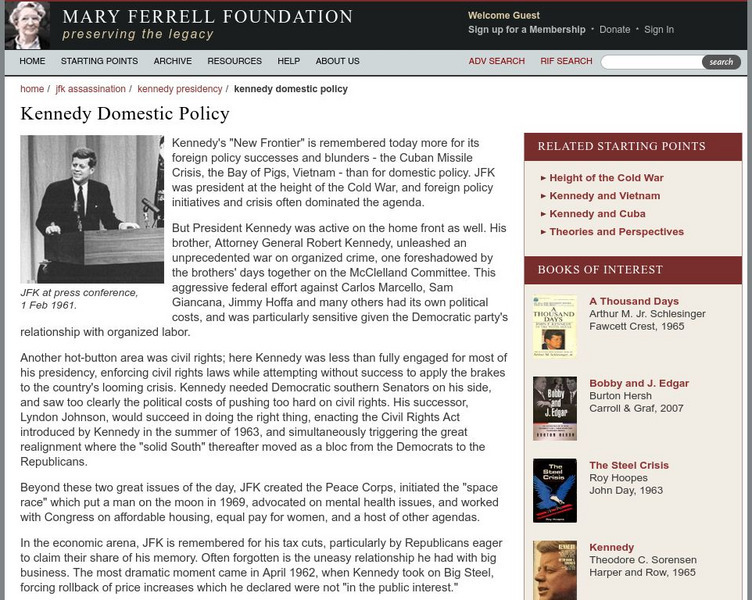 Mary Ferrell Foundation: Kennedy Domestic Policy Website
