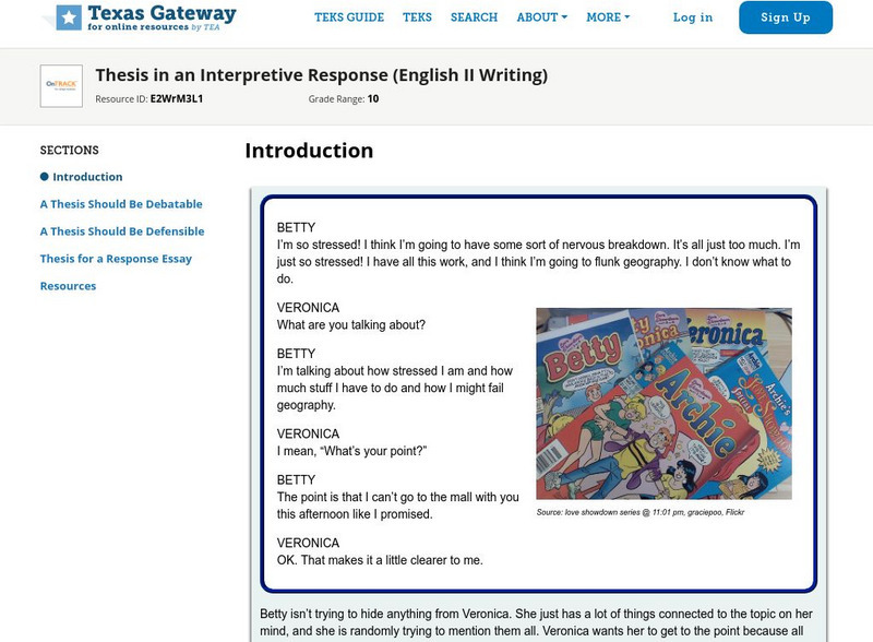 Texas Gateway: Writing Interpretive Response: Thesis in an Interpretive Response Unit Plan