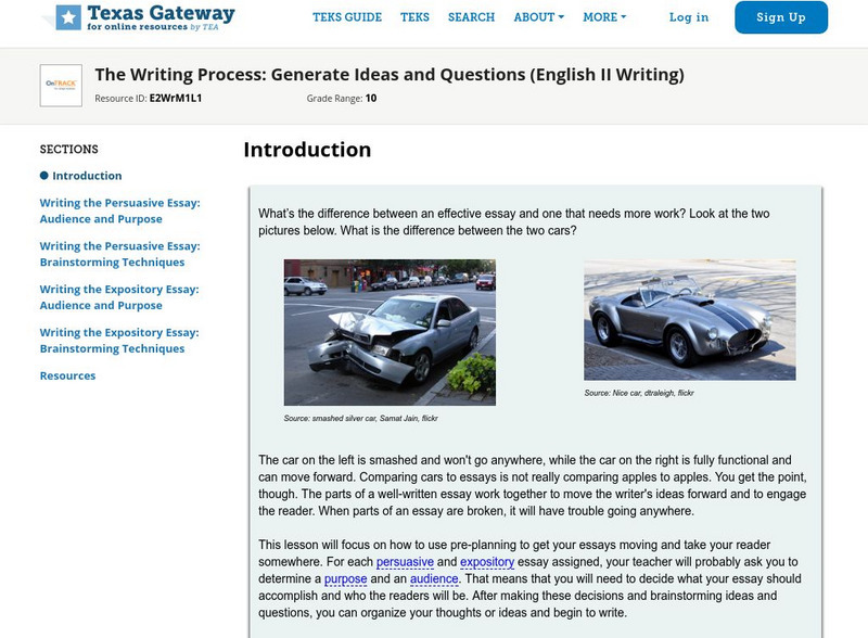 Texas Gateway: The Writing Process: Generate Ideas and Questions Unit Plan Texas Gateway: The Writing Process: Generate Ideas and Questions Unit Plan