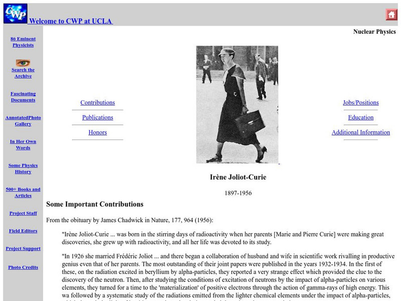 Ucla: Irene Joliot Curie (1897 1956 ) Handout Ucla: Irene Joliot Curie (1897 1956 ) Handout