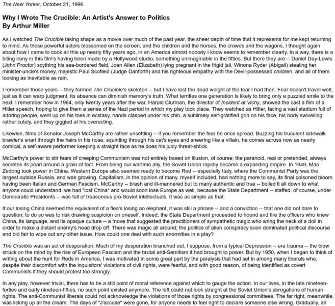 Why I Wrote the Crucible, by Arthur Miller Unit Plan Why I Wrote the Crucible, by Arthur Miller Unit Plan
