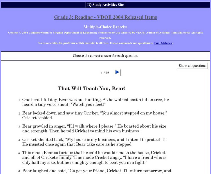 Iq Study Activities: Grade 3 Reading Test: (2004 Vode Released Items) Study Guide Iq Study Activities: Grade 3 Reading Test: (2004 Vode Released Items) Study Guide