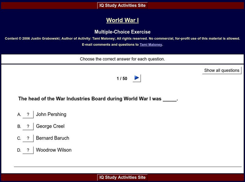 Iq Study Activities: Interactive Quizzes: World War I (50 of 100) Unknown Type Iq Study Activities: Interactive Quizzes: World War I (50 of 100) Unknown Type