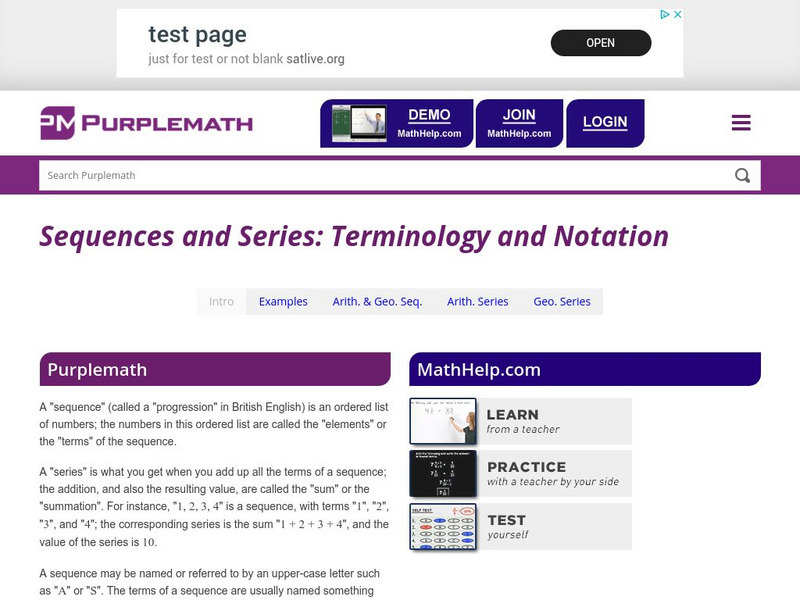 Purplemath: Sequences and Series: Terminology and Notation Handout Purplemath: Sequences and Series: Terminology and Notation Handout