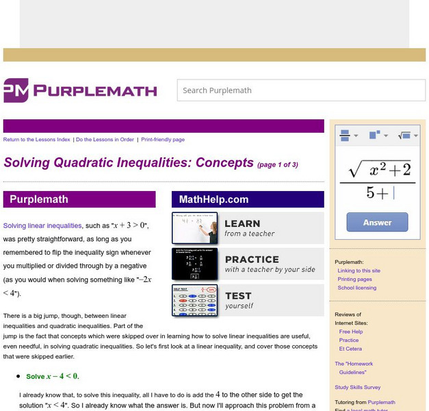 Purplemath: Solving Quadratic Inequalities: Concepts Handout Purplemath: Solving Quadratic Inequalities: Concepts Handout