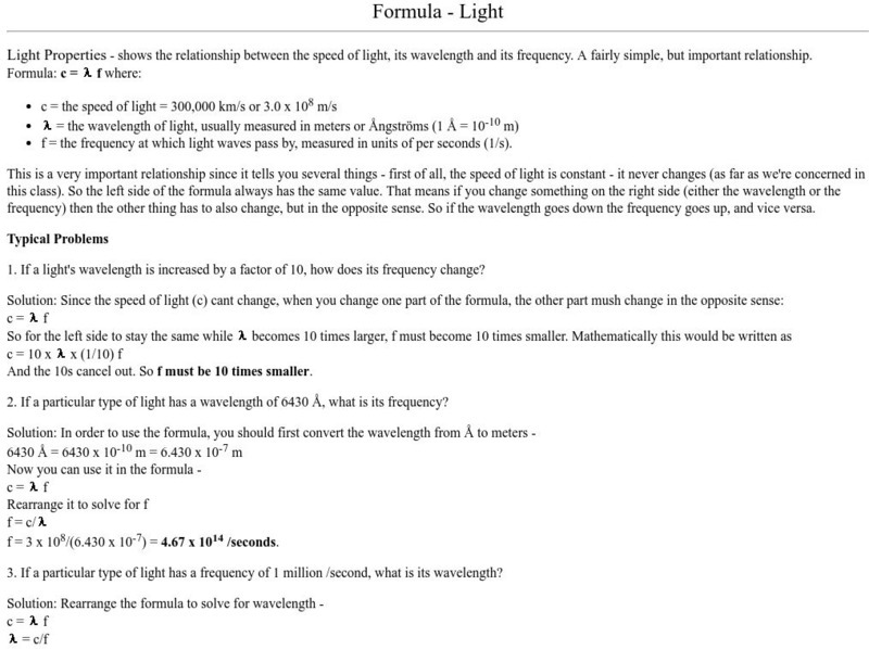 Uni: Astronomy: Formula Light Handout Uni: Astronomy: Formula Light Handout