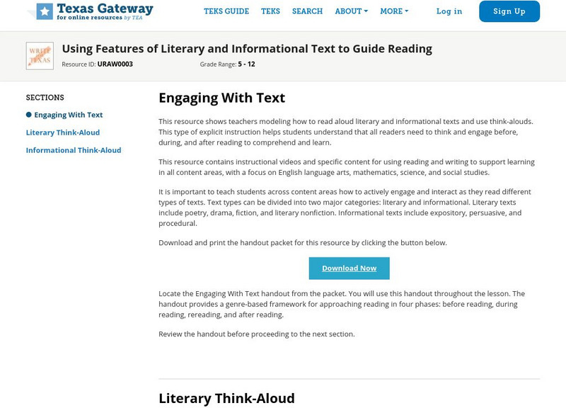 Texas Gateway: Using Features of Literary & Informational Text to Guide Reading Professional Doc Texas Gateway: Using Features of Literary & Informational Text to Guide Reading Professional Doc