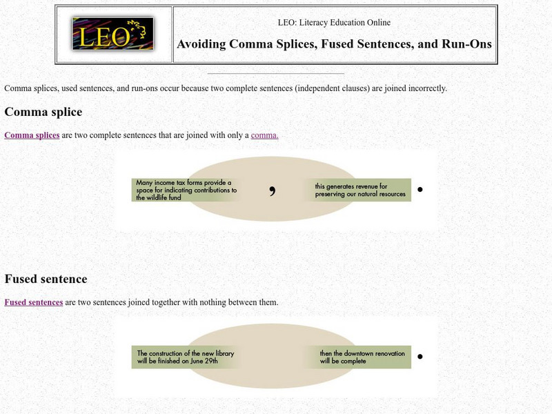 Literacy Education Online: Avoiding Comma Splices and Run Ons Handout Literacy Education Online: Avoiding Comma Splices and Run Ons Handout