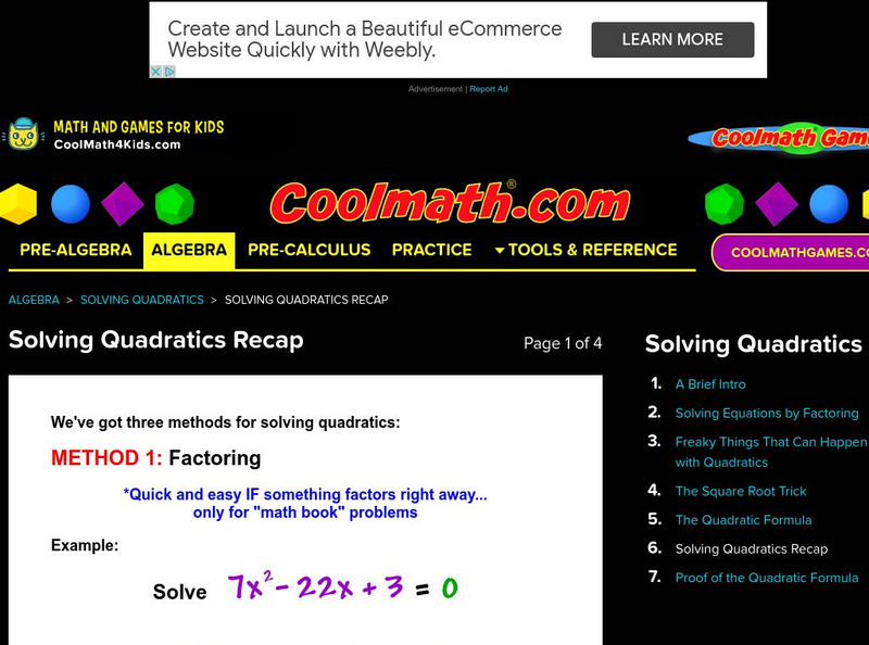 Coolmath: Solving Quadratics Recap Website Coolmath: Solving Quadratics Recap Website