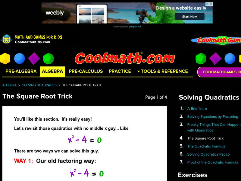 Coolmath: Solving Quadratics the Square Root Trick Website Coolmath: Solving Quadratics the Square Root Trick Website