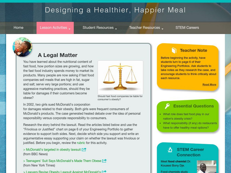 Thinkport: Designing a Healthier, Happier Meal: A Legal Matter Activity
