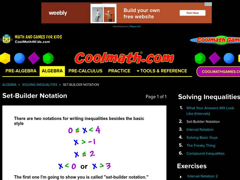 Coolmath: Solving Inequalities Set Builder Notation Website
