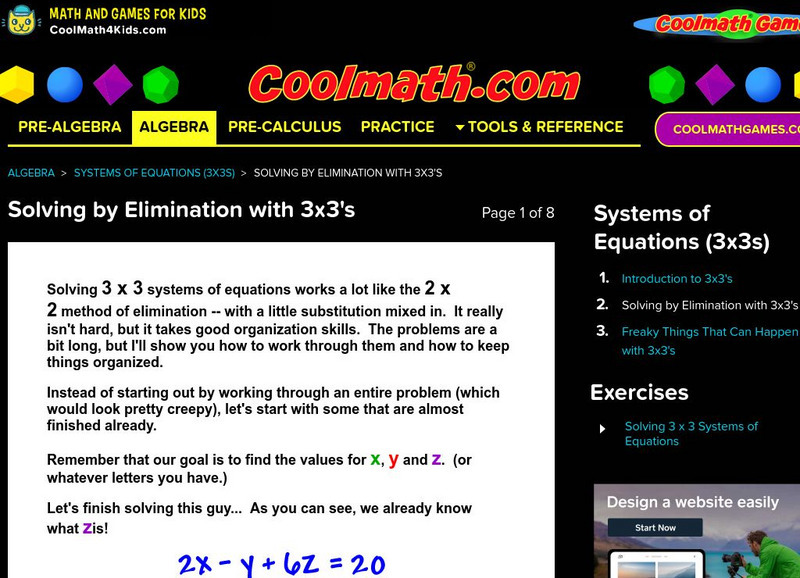 Coolmath: Systems of Equations Solving by Elimination With 3x3's Unit Plan Coolmath: Systems of Equations Solving by Elimination With 3x3's Unit Plan