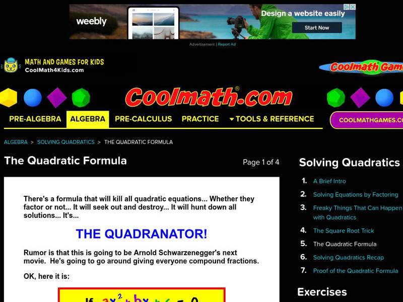 Coolmath: The Quadratic Formula Unit Plan Coolmath: The Quadratic Formula Unit Plan
