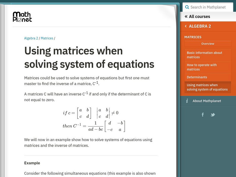 Math Planet: Algebra 2: Using Matrices When Solving System of Equations eBook Math Planet: Algebra 2: Using Matrices When Solving System of Equations eBook