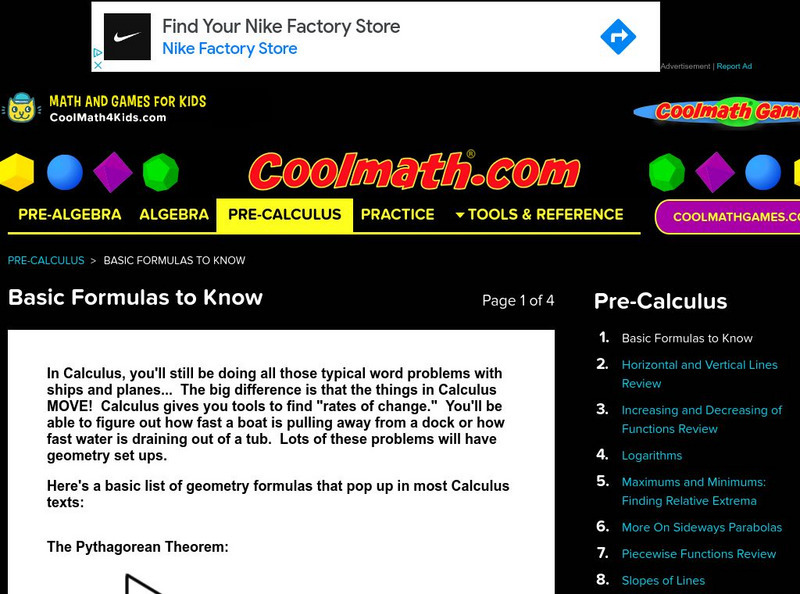 Coolmath: Precalculus Basic Formulas to Know Website Coolmath: Precalculus Basic Formulas to Know Website