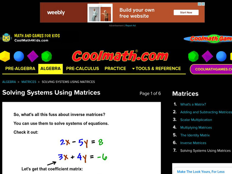 Coolmath: Solving Systems Using Matrices Website Coolmath: Solving Systems Using Matrices Website
