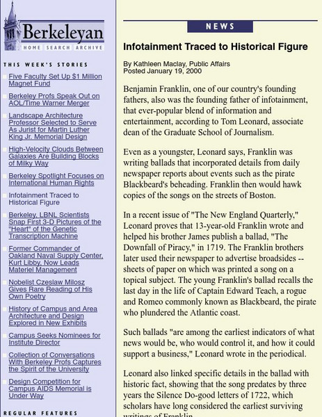 Berkeleyan: Infotainment Traced to Historical Figure [Ben Franklin] Website