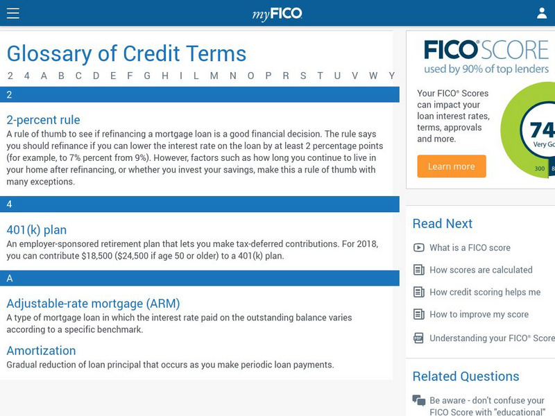 Fair Isaac Corporation: Credit Education, Glossary Handout