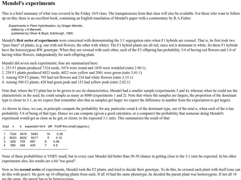 University of Washington: Mendel's Experiments Handout