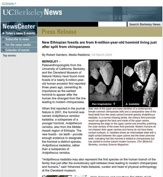 Uc Berkeley: Ethiopian Fossils From 6 Million Year Old Hominid Website Uc Berkeley: Ethiopian Fossils From 6 Million Year Old Hominid Website