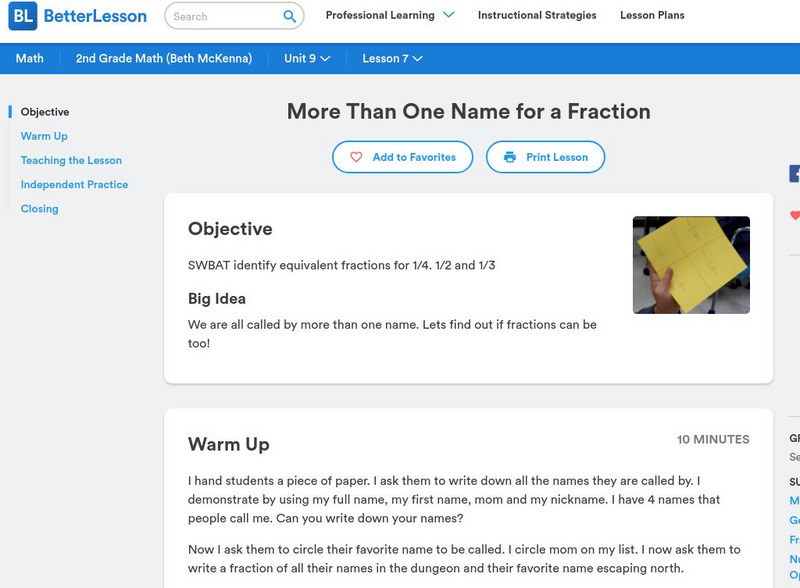 Better Lesson: More Than One Name for a Fraction Lesson Plan Better Lesson: More Than One Name for a Fraction Lesson Plan