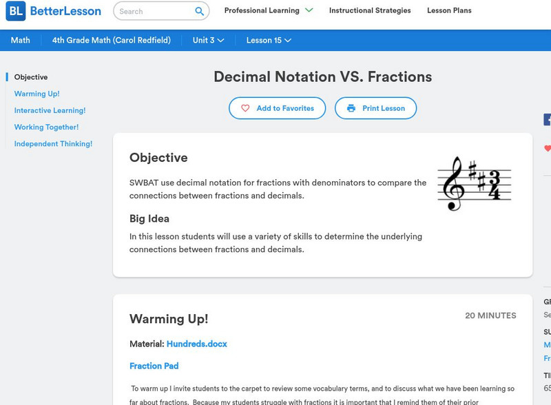 Better Lesson: Decimal Notation vs. Fractions Lesson Plan Better Lesson: Decimal Notation vs. Fractions Lesson Plan