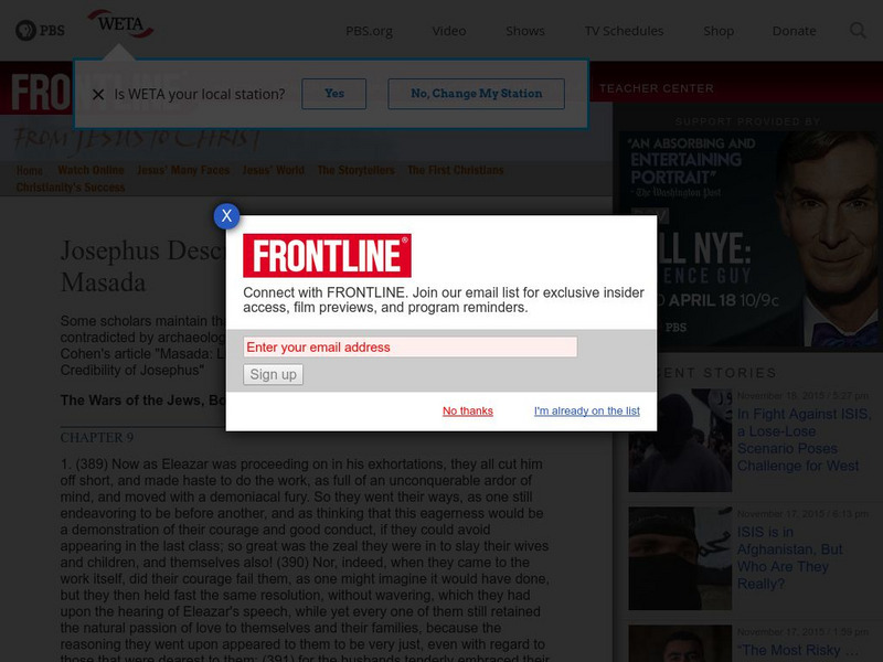 Pbs Frontline: Josephus Describes the Mass Suicide at Masada Primary