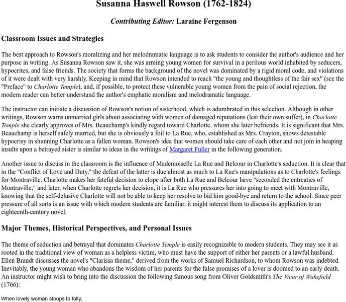 Georgetown University: Susanna Haswell Rowson Unit Plan